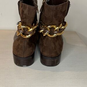 Sam Edelman Brown Leather and Suede Ankle Boots with Gold Accents